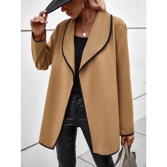 Contrast Binding Shawl Collar Open Front Overcoat pea coat tan camel - Picture 4 of 6